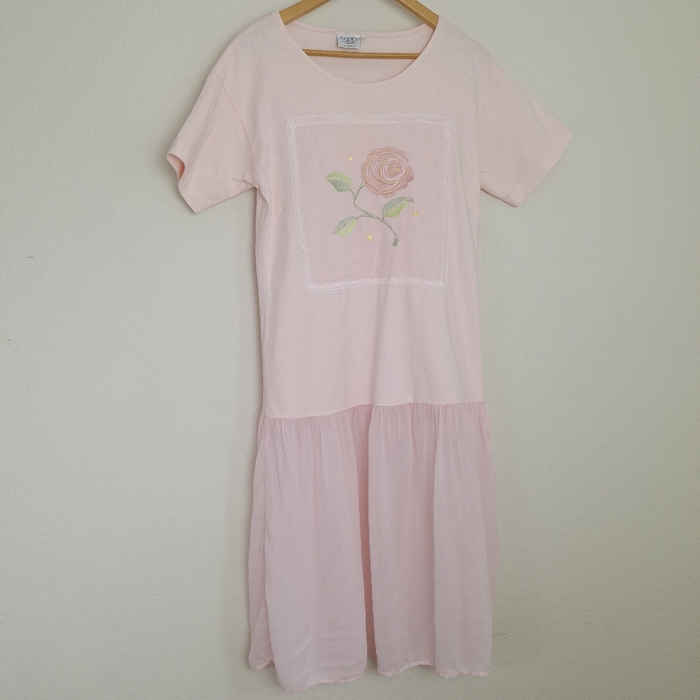 Johnny Was Light Pink Embroidered Rose Midi Dress